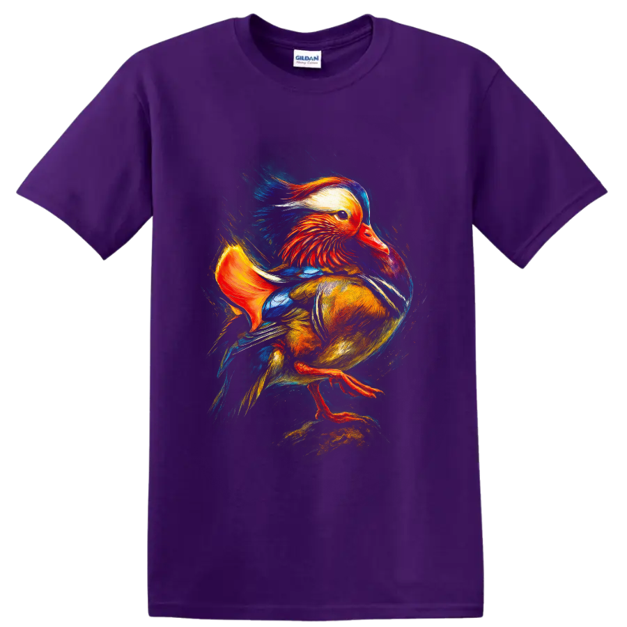 Colorful painterly Mandarin duck wildlife graphic with vivid sweeping feathers on a Purple T Shirt