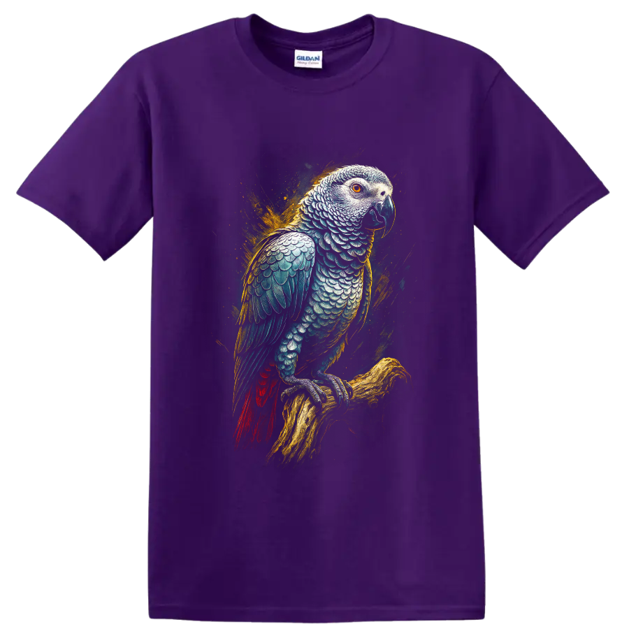 Modern realistic African grey parrot perched on a branch with golden paint splashes on a Purple T Shirt