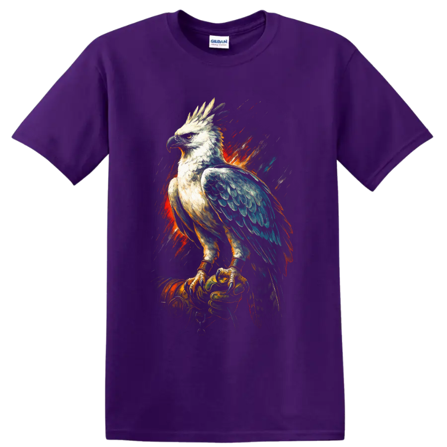 Harpy eagle on a gloved hand in dramatic fiery painterly wildlife art on a Purple T Shirt