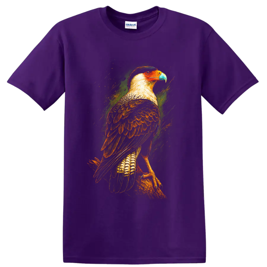 Crested caracara raptor in colorful painted wildlife art perched on a branch on a Purple T Shirt
