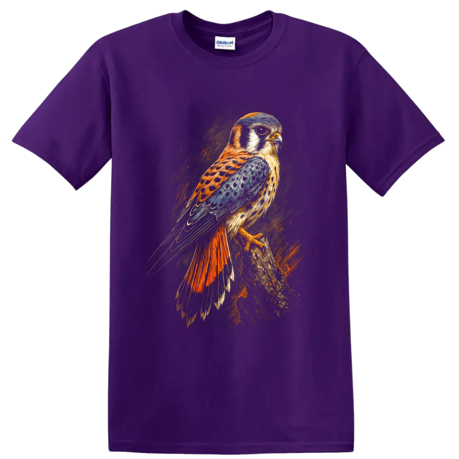 American kestrel falcon perched on a branch in dramatic textured wildlife art on a Purple T Shirt