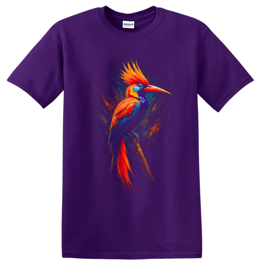 Vibrant painterly hornbill bird with orange crest and blue wings on a branch on a Purple T Shirt
