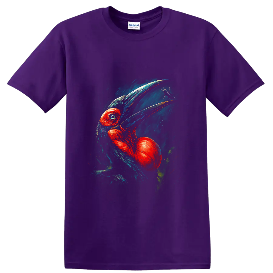 Painterly hornbill portrait with sweeping bill, red-orange feathers, teal plumage, and on a Purple T Shirt