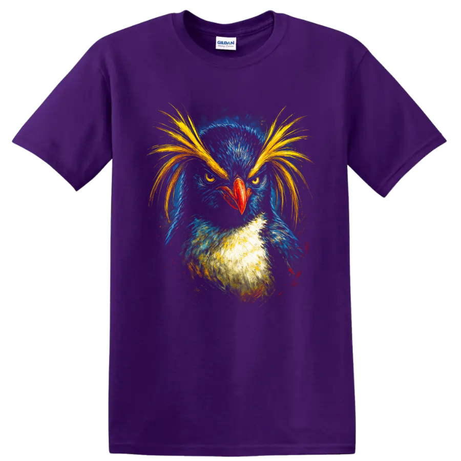Colorful painterly macaroni penguin portrait with golden crest plumes on a Purple T Shirt