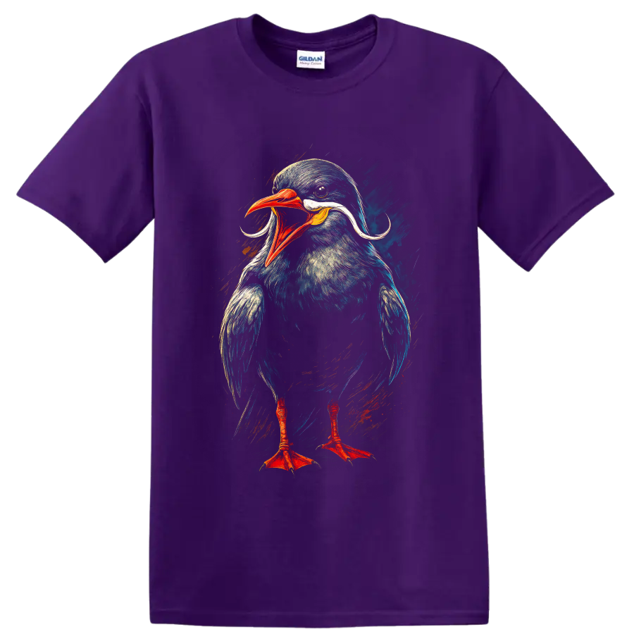 Dynamic painted Inca tern portrait with curled white plumes and red-orange beak on a Purple T Shirt