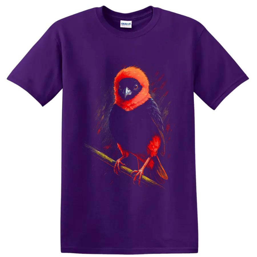 Red-Headed Trogon bird portrait in vivid painterly tropical wildlife art on a Purple T Shirt