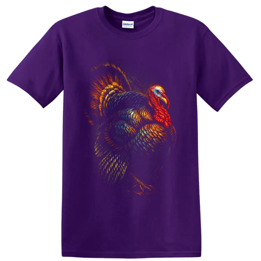 Colorful painterly turkey with fanned tail feathers and glowing orange teal plumage on a Purple T Shirt