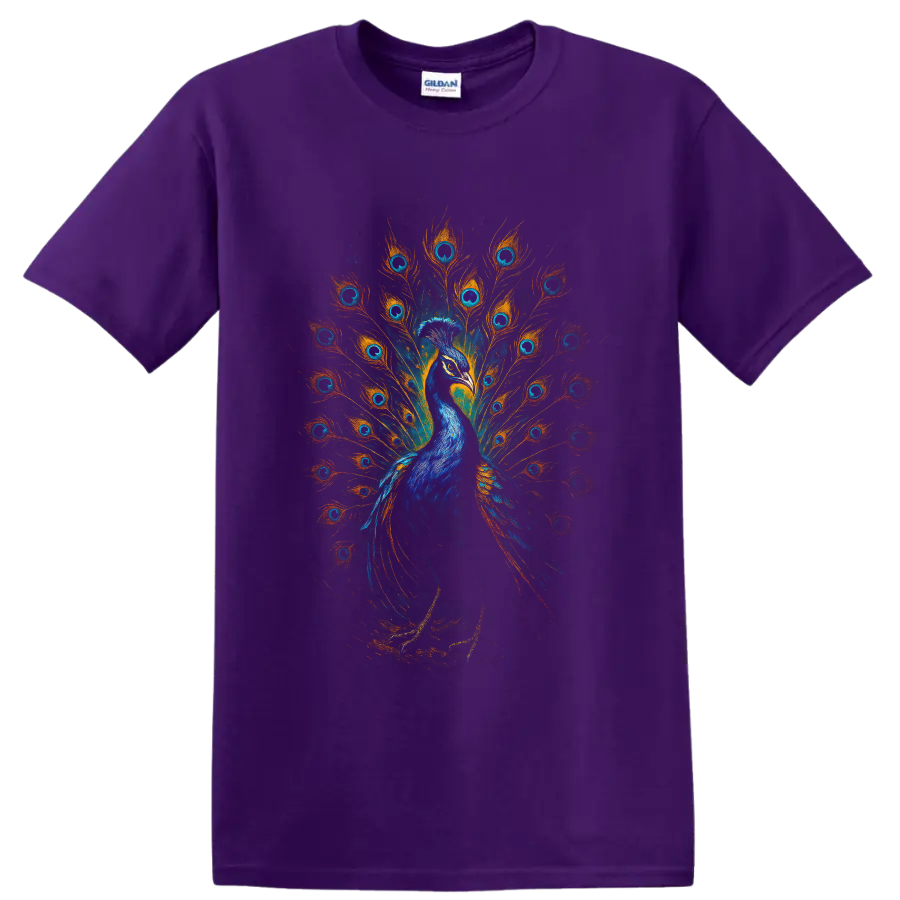 Vibrant blue peacock with orange and teal feather fan wildlife art on a Purple T Shirt