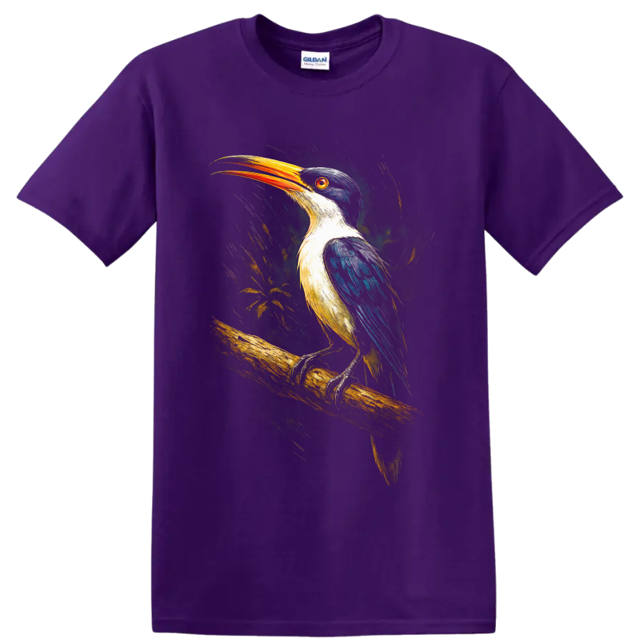 Colorful painterly kingfisher perched on a branch with an orange bill on a Purple T Shirt