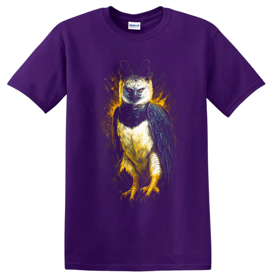 Harpy eagle with raised crest in dramatic golden splash wildlife art on a Purple T Shirt