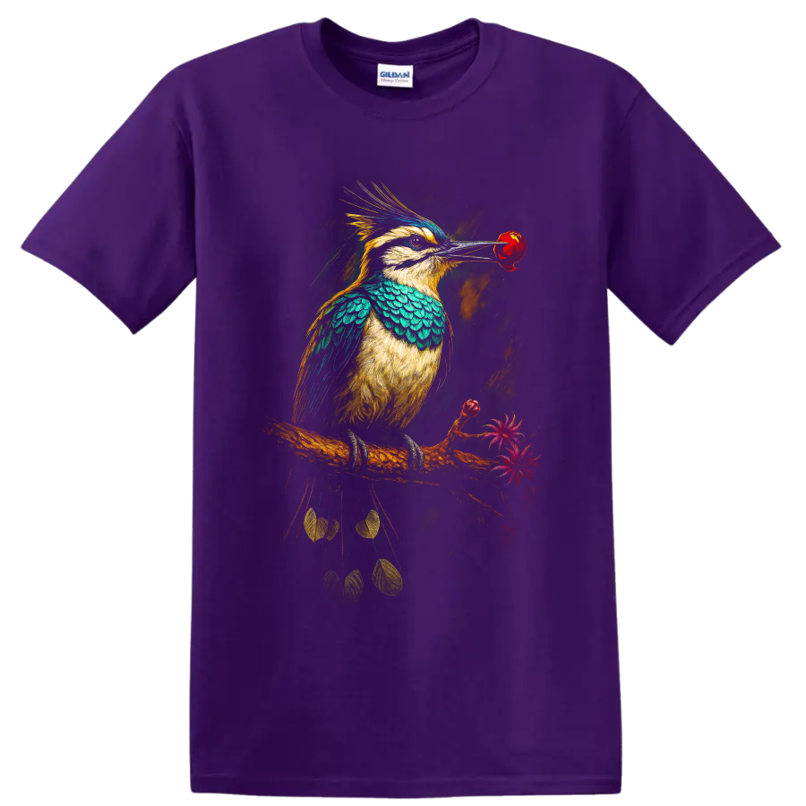 Vibrant modern kookaburra holding a red rose on a flowering branch on a Purple T Shirt