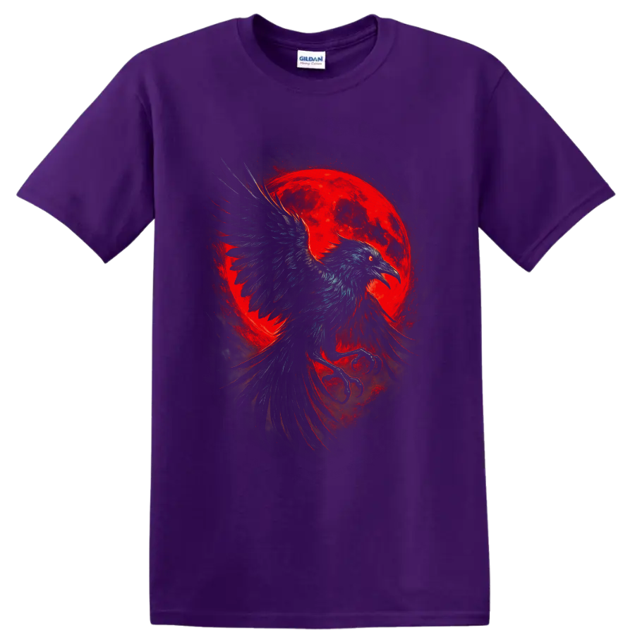 Gothic raven in flight before a glowing red moon with smoky painterly shadows on a Purple T Shirt