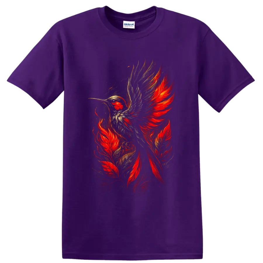 Fiery hummingbird in flight with red feathers and painterly gold wing details on a Purple T Shirt