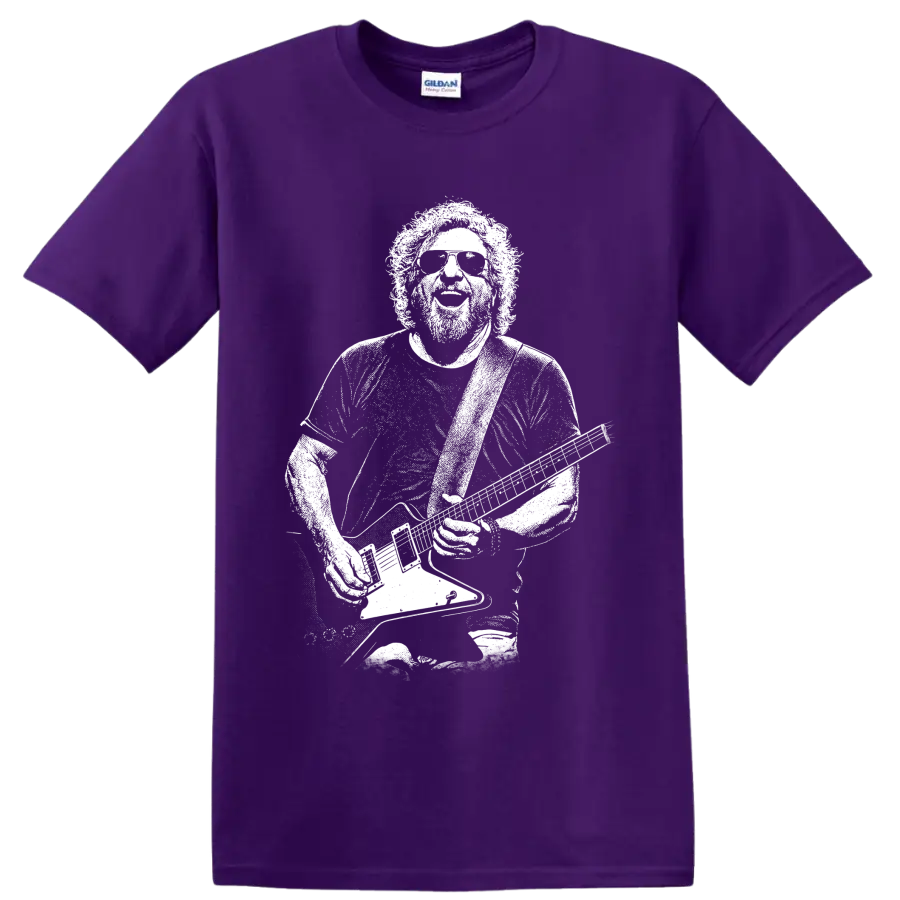 Sammy Hagar holding a guitar in a high-contrast pixelated portrait graphic T-shirt design on a Purple T Shirt