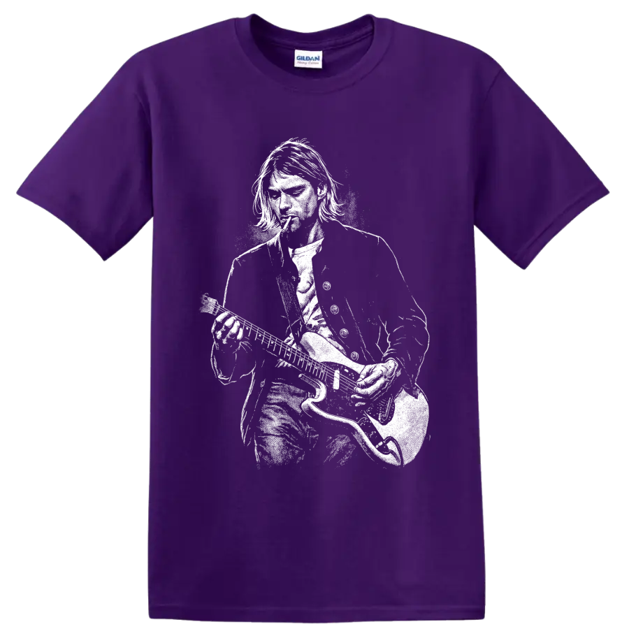 Kurt Cobain holding a guitar in a high-contrast black-and-white portrait graphic T shirt design on a Purple T Shirt