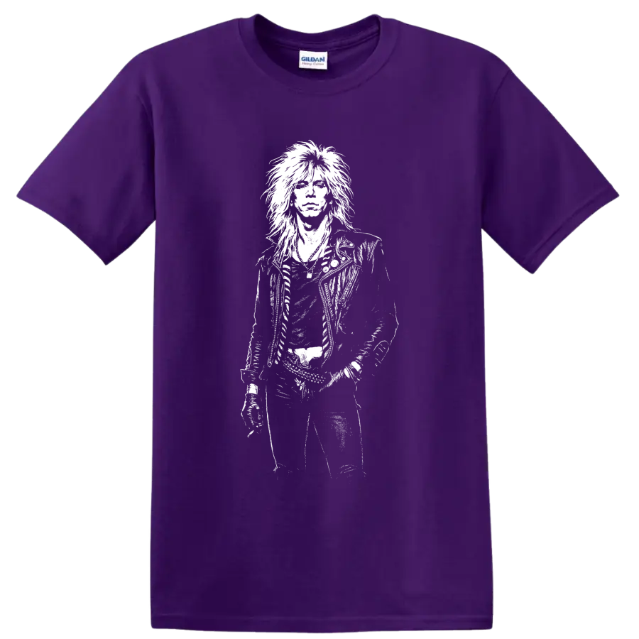 Monochrome Duff McKagan portrait holding a bass guitar on a graphic T shirt on a Purple T Shirt