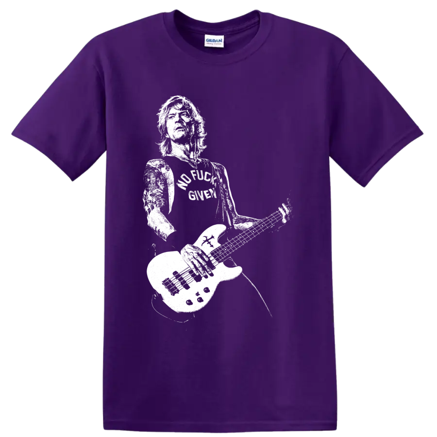 Duff McKagan-style bassist silhouette playing electric bass on a graphic T-shirt design on a Purple T Shirt