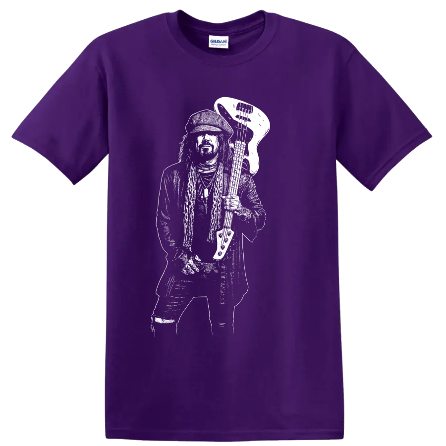 High-contrast Nikki Sixx portrait in a raw monochrome rock poster style on a Purple T Shirt