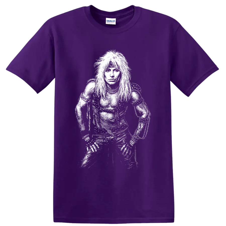 High-contrast black-and-white Vince Neil portrait in a dramatic rock performance style on a Purple T Shirt