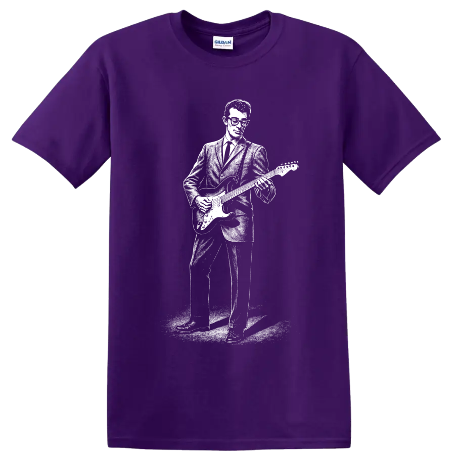 Buddy Holly inspired guitarist silhouette in bold vintage rock and roll style on a Purple T Shirt