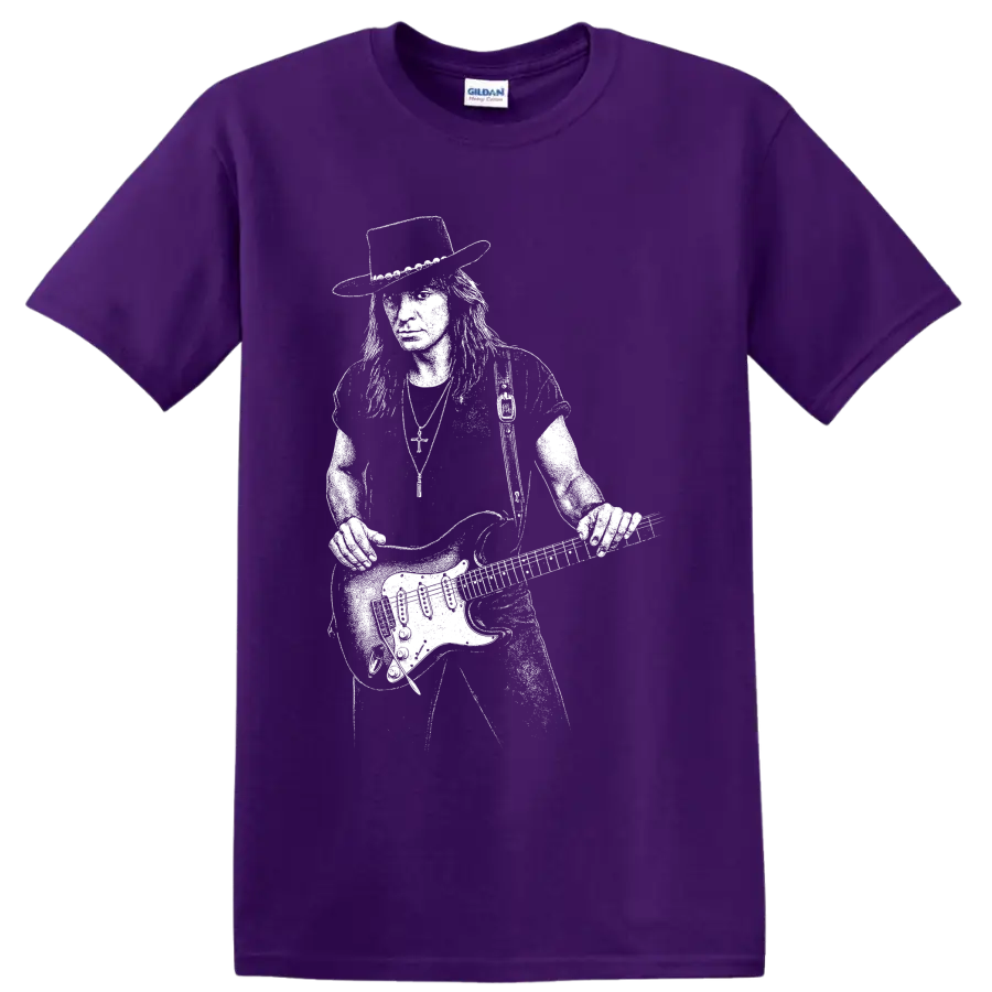 White guitarist performance silhouette with raised electric guitar on a Purple T Shirt