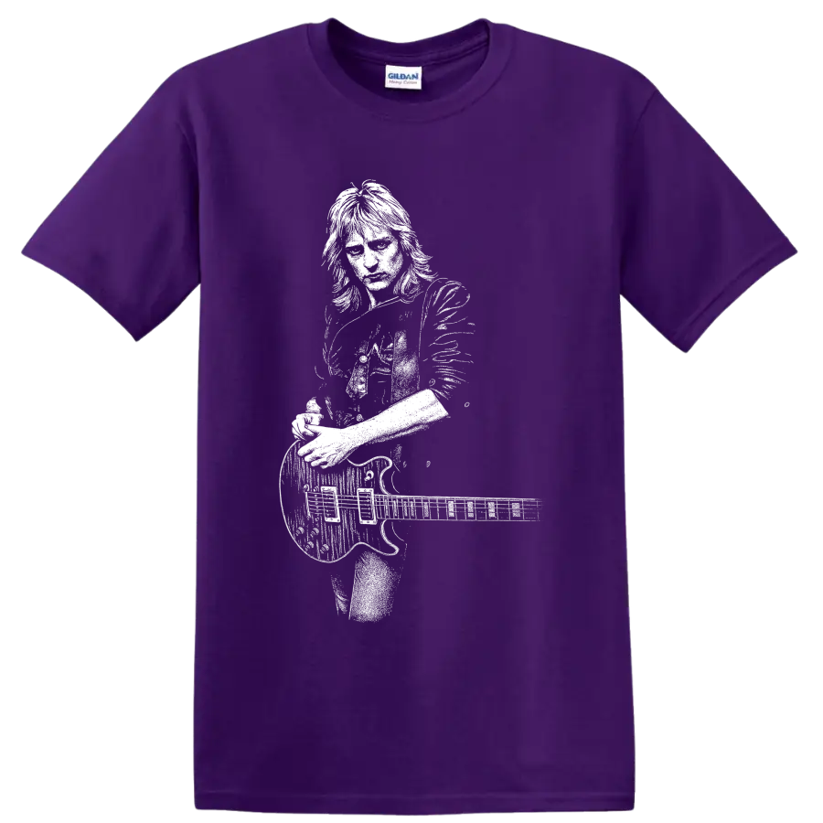Phil Collen of Def Leppard playing guitar in a bold monochrome portrait illustration on a Purple T Shirt