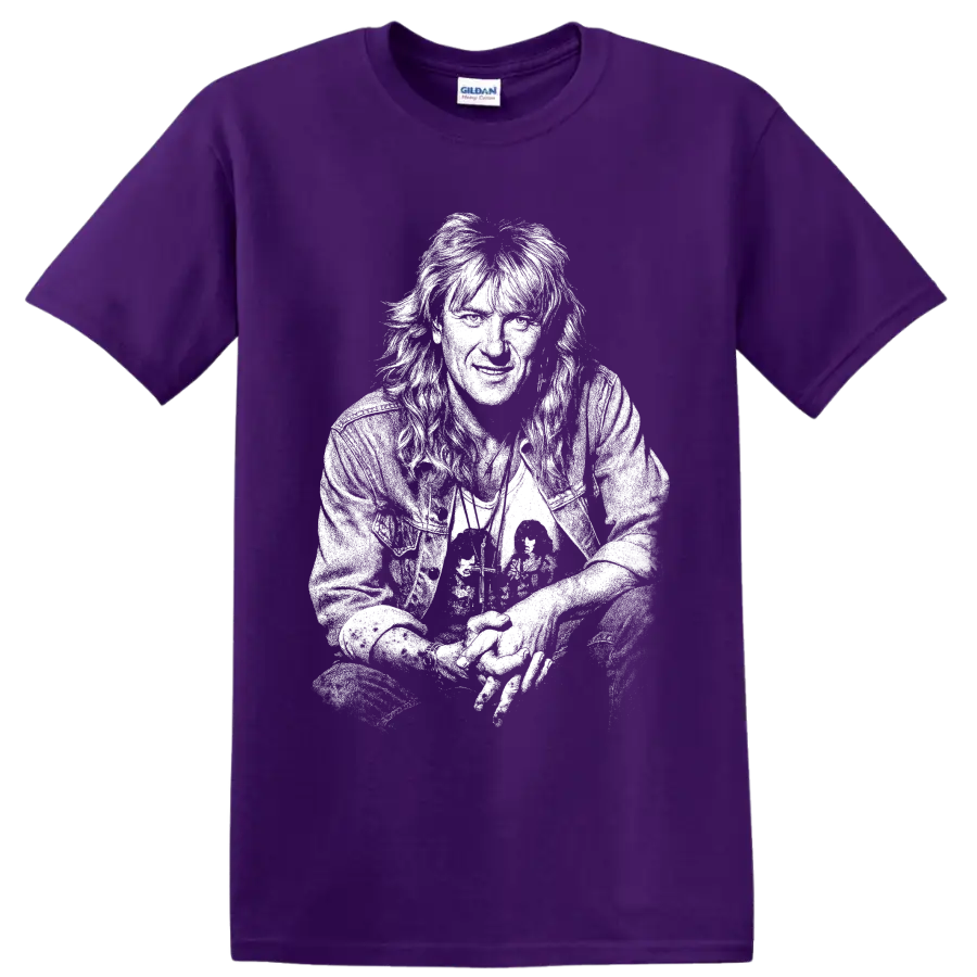 High-contrast Joe Elliott Def Leppard British rock singer portrait graphic on a Purple T Shirt