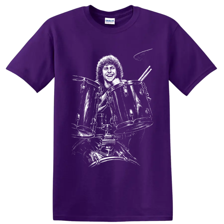 High-contrast Tommy Aldridge rock drummer silhouette performing behind a drum kit on a Purple T Shirt