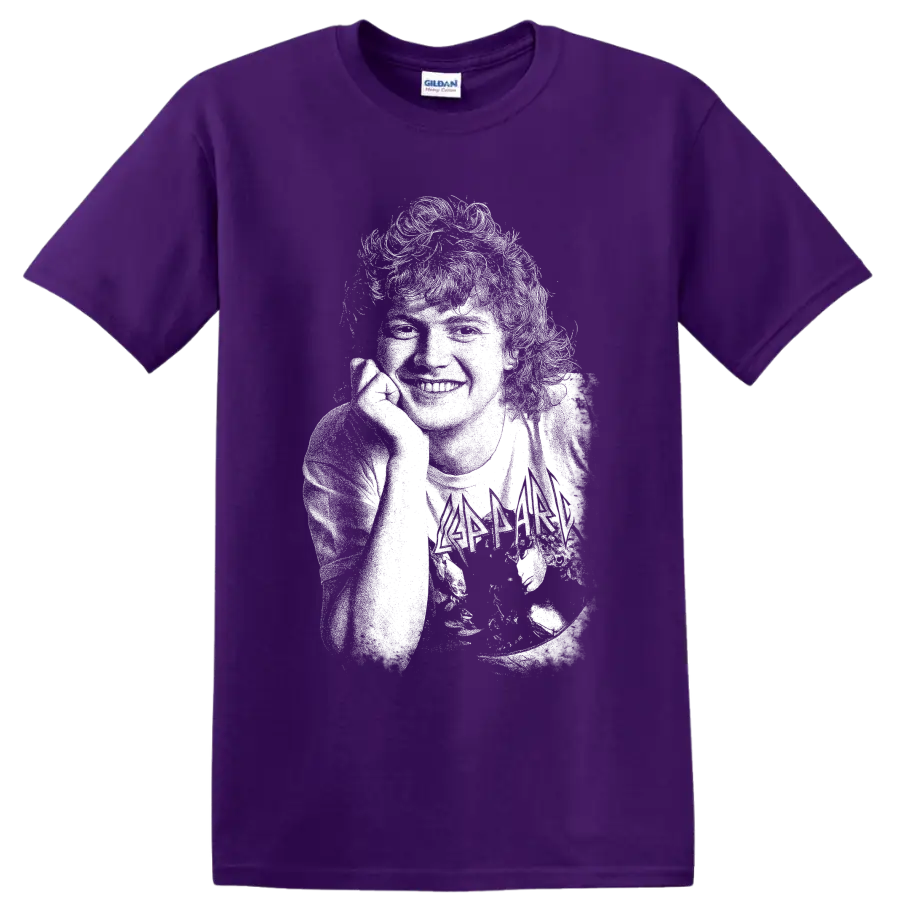 High-contrast Rick Allen drummer portrait with drum kit rock artwork on a Purple T Shirt