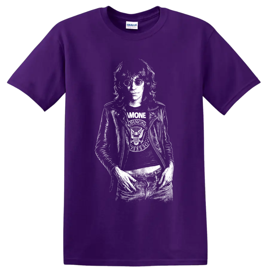 High-contrast black-and-white Joey Ramone punk rock singer portrait with microphone on a Purple T Shirt