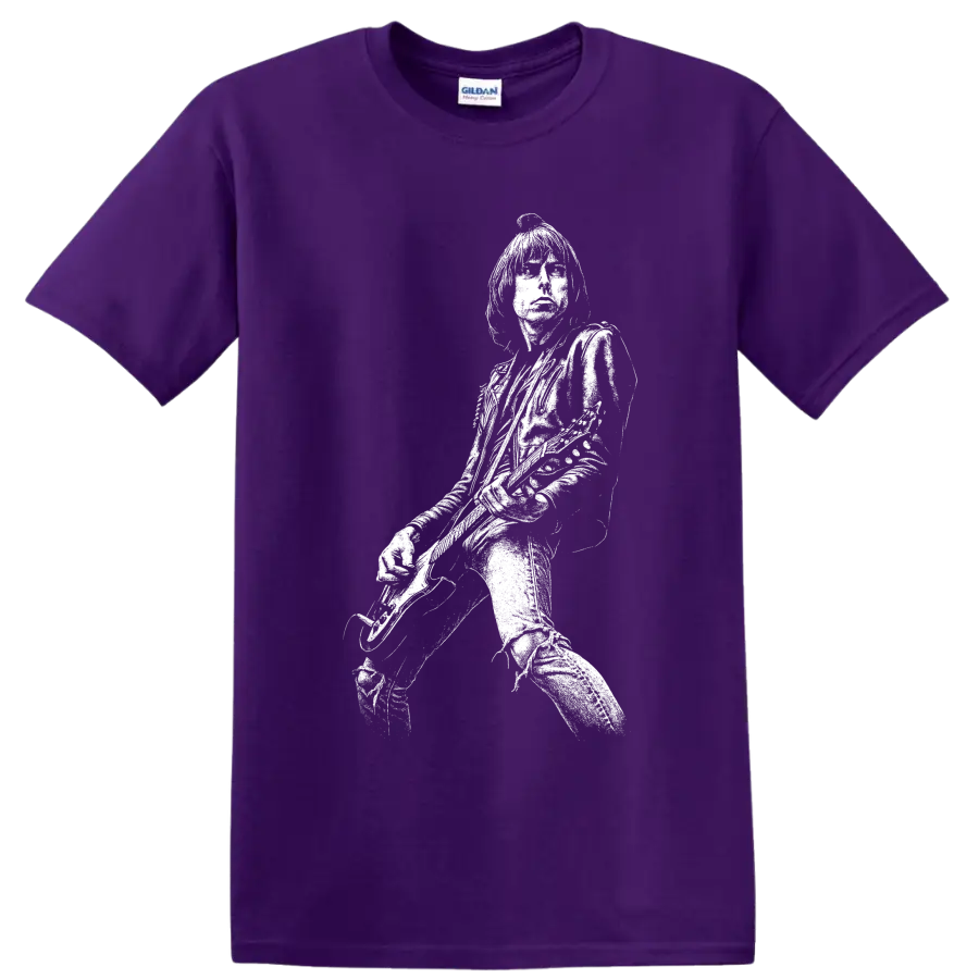 High-contrast Joey Ramone portrait with microphone in vintage punk rock style on a Purple T Shirt