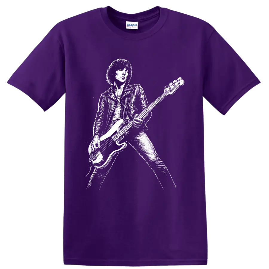 Dee Dee Ramone bass guitarist portrait in stark black-and-white punk style on a Purple T Shirt
