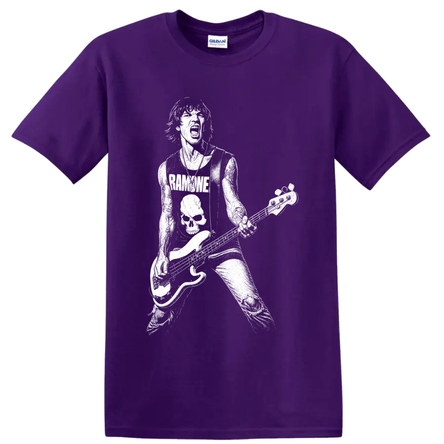 Dee Dee Ramone playing bass in a bold white punk rock silhouette on a Purple T Shirt