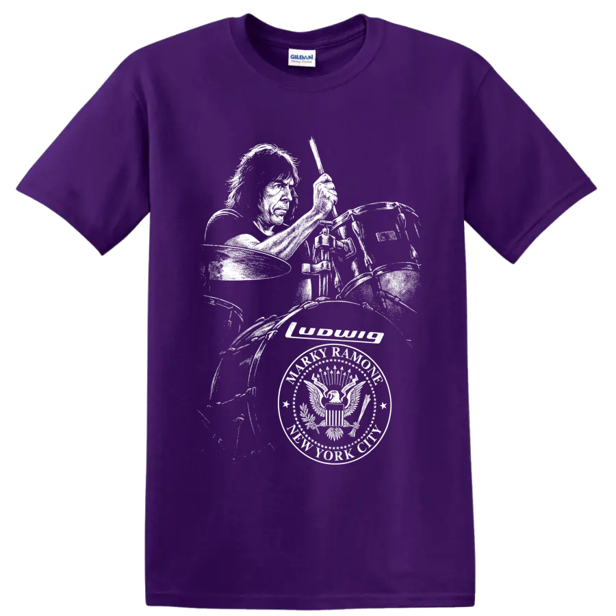 High-contrast Marky Ramone drummer portrait with drum kit in punk rock art on a Purple T Shirt