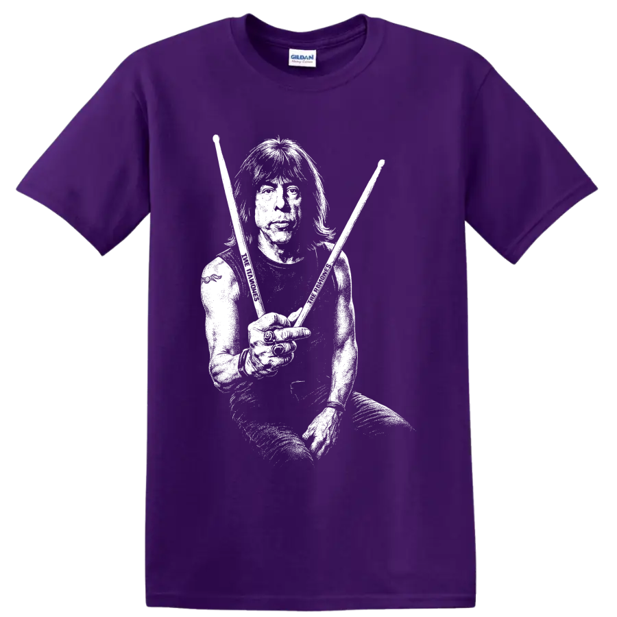 Marky Ramone portrait in stark black-and-white punk rock illustration on a Purple T Shirt