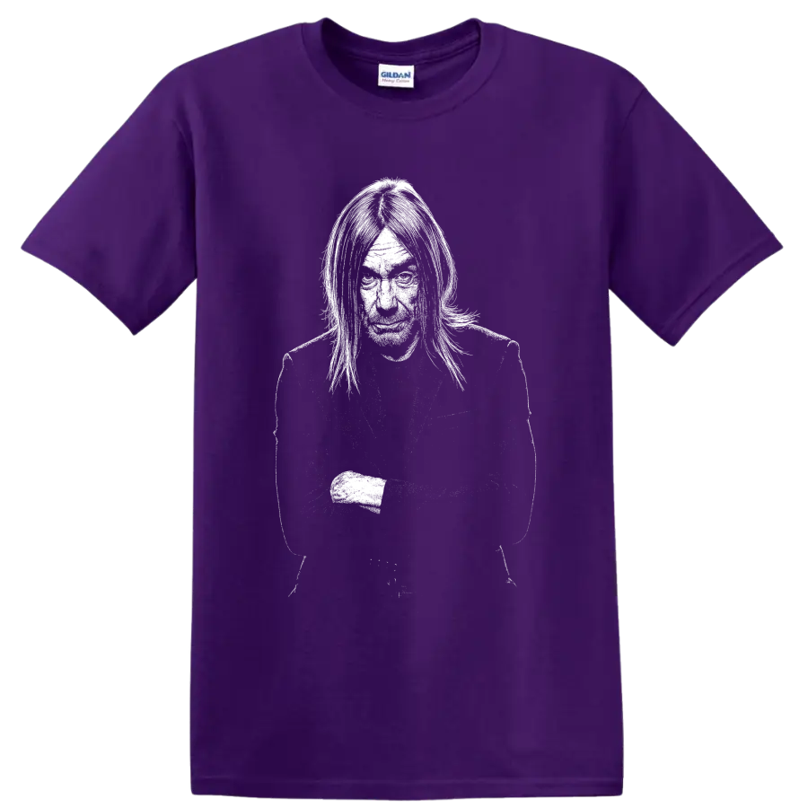 High-contrast Iggy Pop performance portrait graphic with microphone on a Purple T Shirt