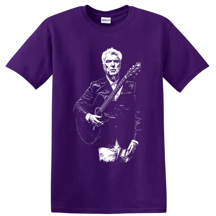David Byrne with guitar in a high-contrast stencil portrait style on a Purple T Shirt