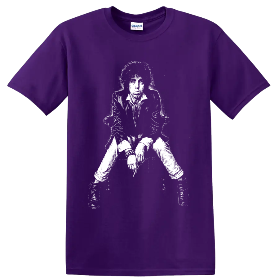 High-contrast Mick Jagger portrait graphic inspired by The Rolling Stones on a Purple T Shirt