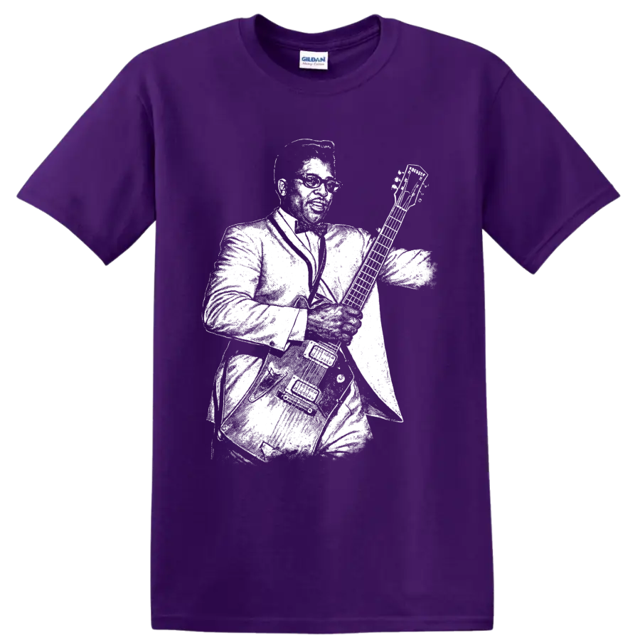 Bo Diddley playing guitar in bold white rock and roll silhouette artwork on a Purple T Shirt