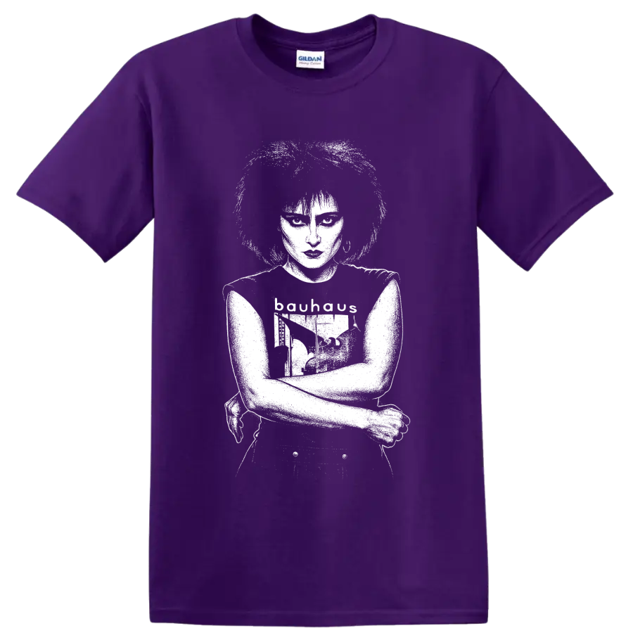 Monochrome Siouxsie Sioux portrait in a bold post-punk music graphic style on a Purple T Shirt