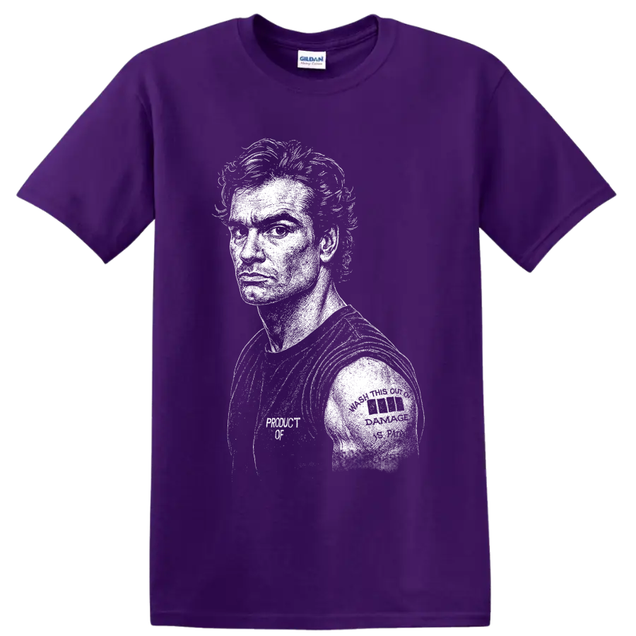 Stark distressed Henry Rollins portrait in Black Flag hardcore punk style on a Purple T Shirt