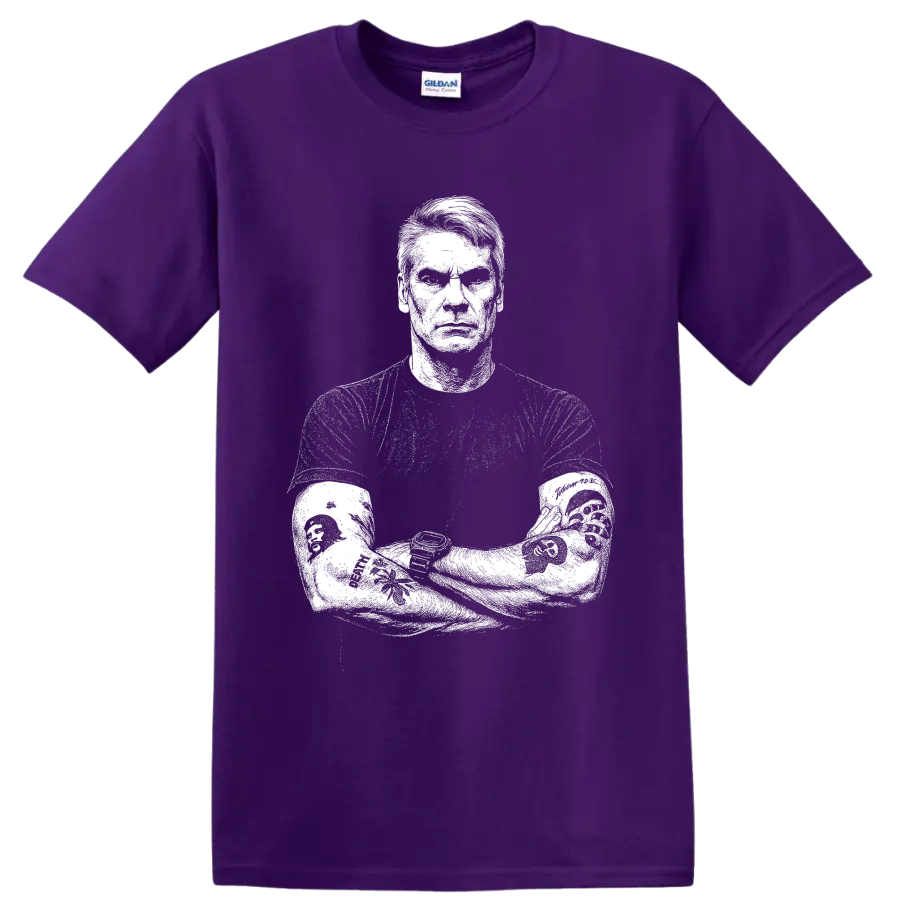 High-contrast black-and-white Henry Rollins Black Flag punk portrait graphic on a Purple T Shirt