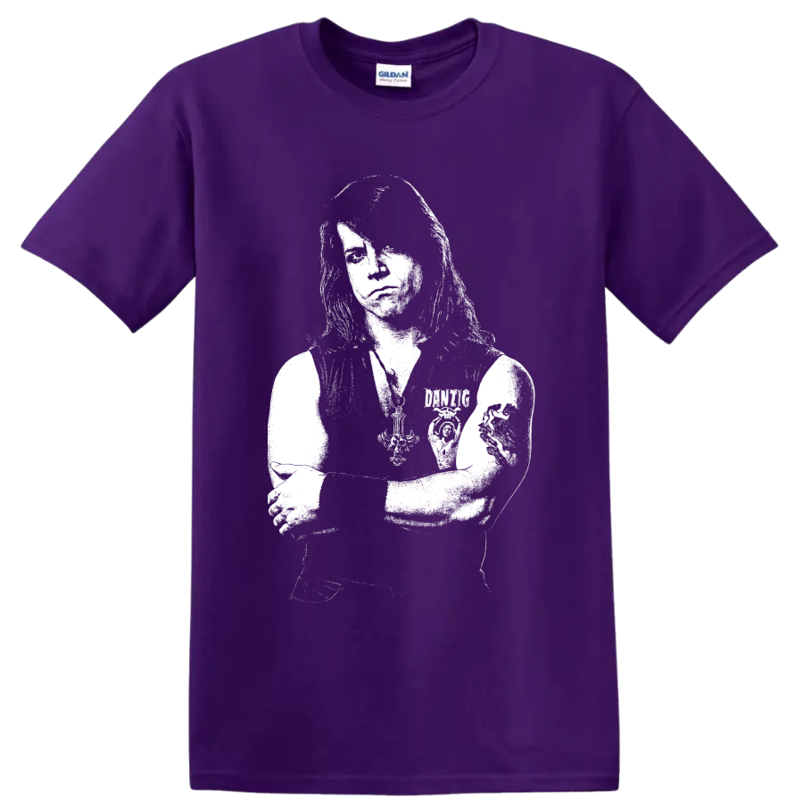 High-contrast Glenn Danzig portrait in stark punk rock graphic style on a Purple T Shirt