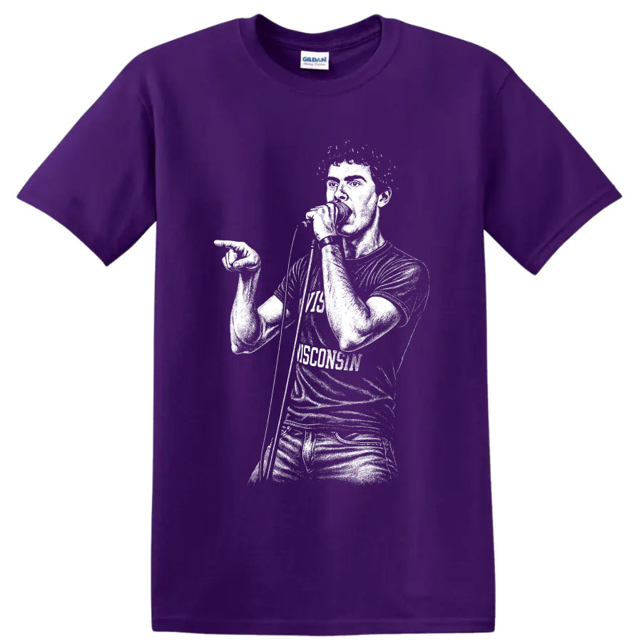 Ian Curtis portrait in stark monochrome post-punk illustration style on a Purple T Shirt
