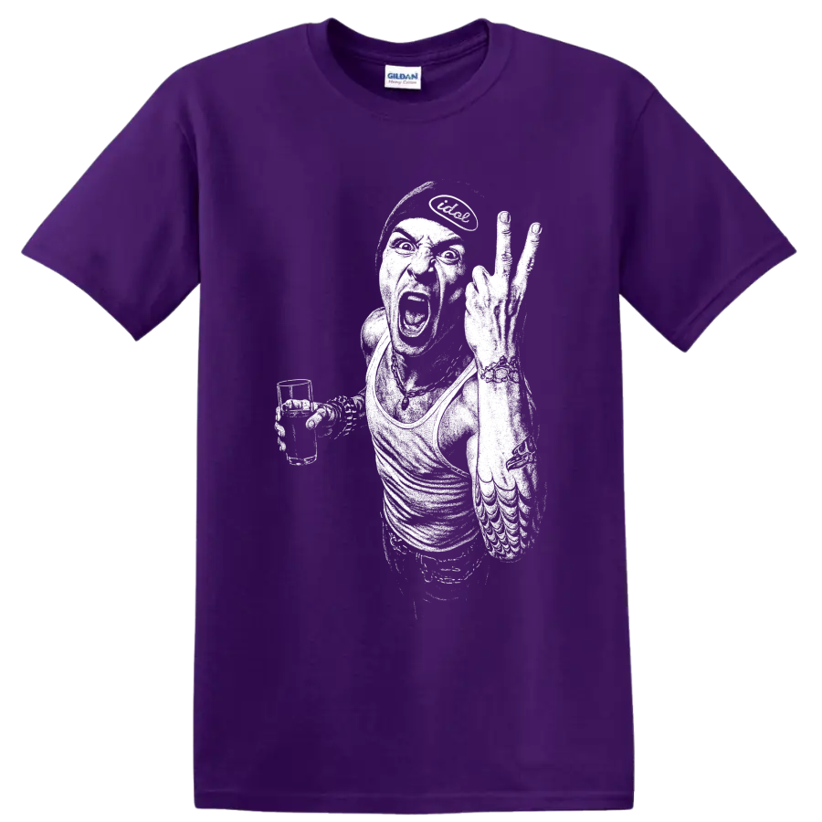 High-contrast Chester Bennington performance portrait with microphone and raised arm on a Purple T Shirt