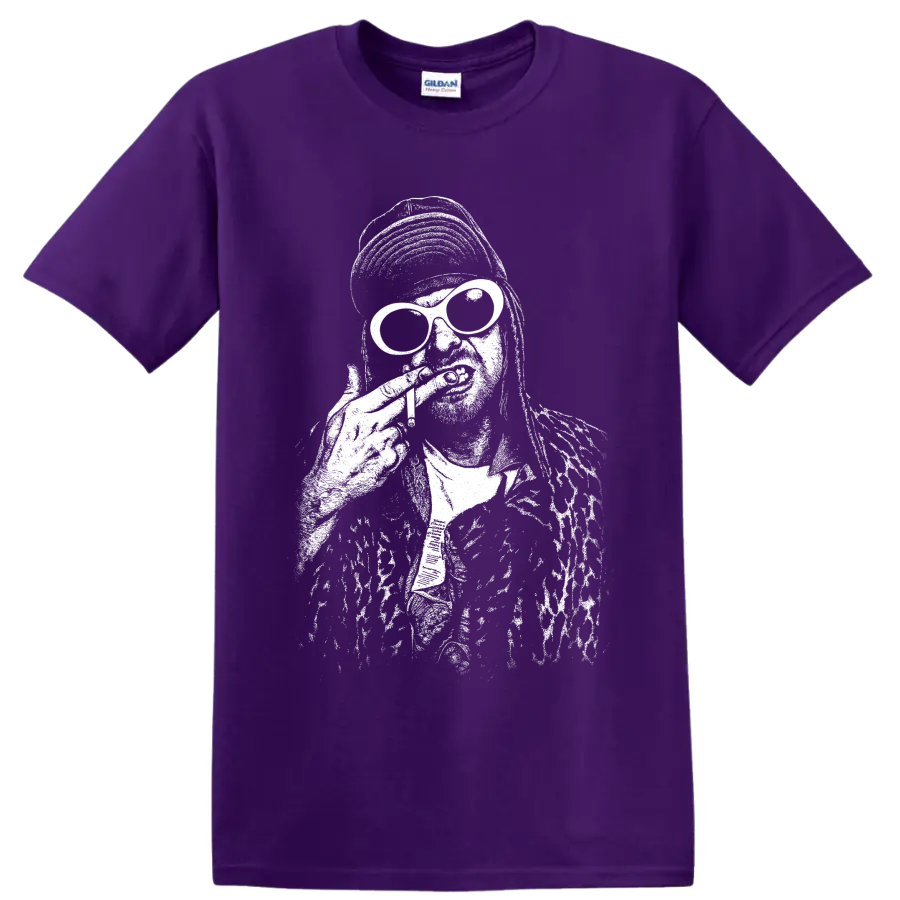 High-contrast Kurt Cobain Nirvana portrait in black-and-white grunge illustration on a Purple T Shirt