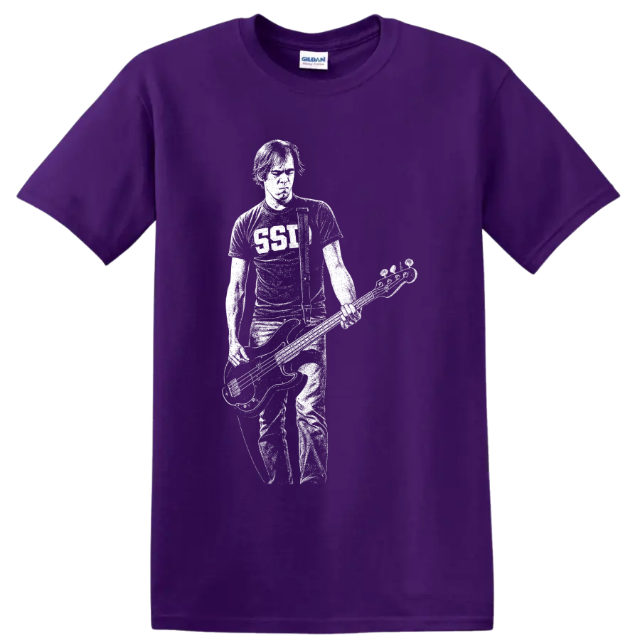 Krist Novoselic holding bass in a bold white minimalist grunge portrait on a Purple T Shirt