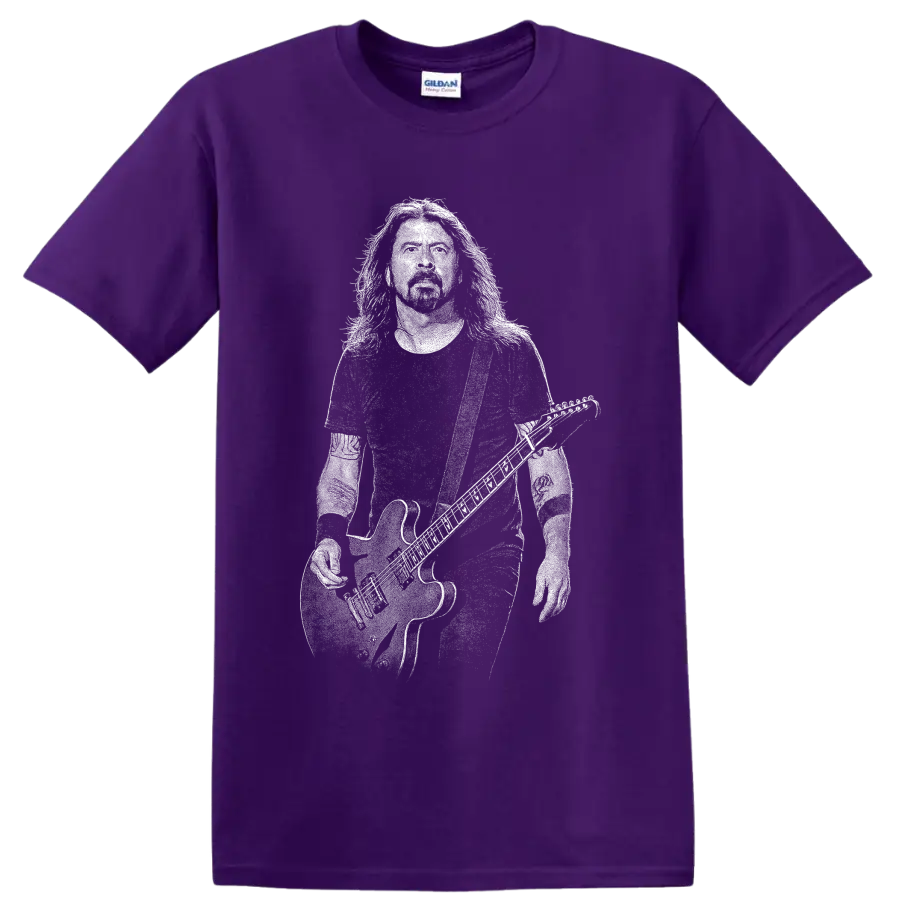 High-contrast Dave Grohl guitarist portrait silhouette graphic on a Purple T Shirt