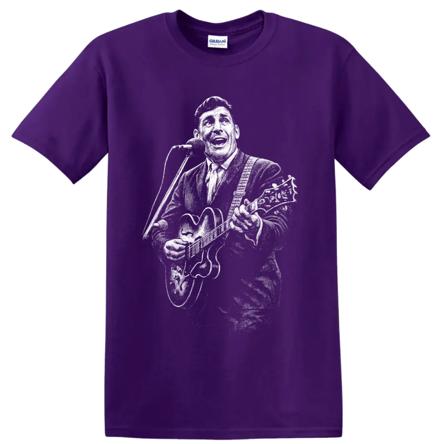 Carl Perkins high-contrast vintage-style rockabilly musician portrait graphic on a Purple T Shirt