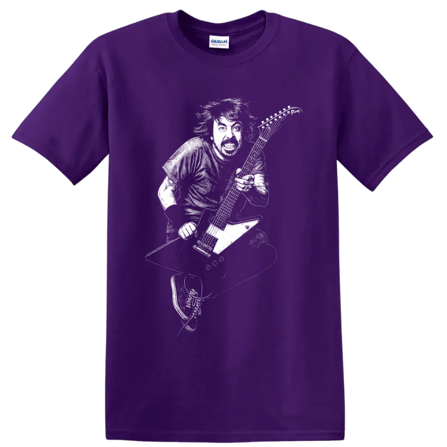 Dave Grohl guitarist silhouette with microphone in bold monochrome rock performance style on a Purple T Shirt